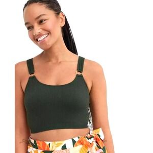 Aerie Dark Green Ribbed Seamless Crop Tank Top with Ring Detail Straps